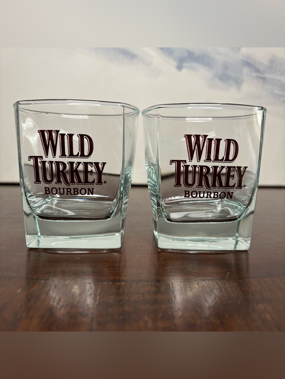 Wild Turkey Bourbon Square Rocks Glasses Set of 2 Heavy Base Whiskey Tumblers
